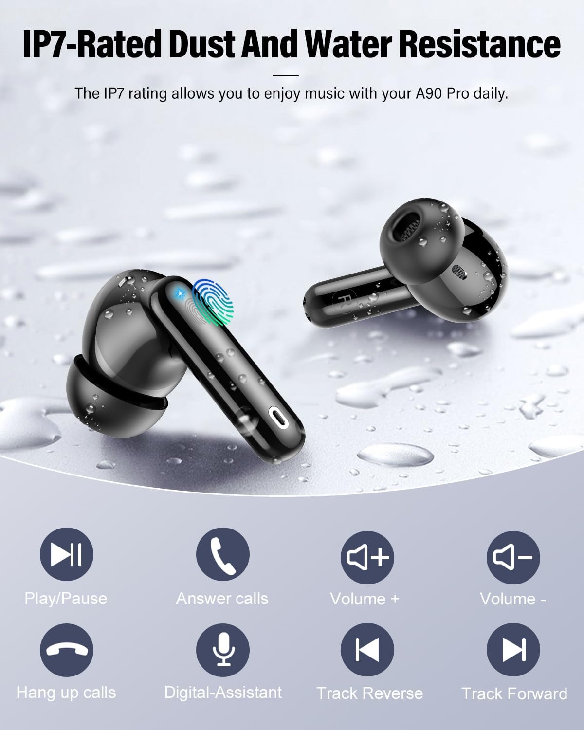A90 Bluetooth Earbuds | ANC & ENC Noise Cancelling | Smart Touch Screen | Black